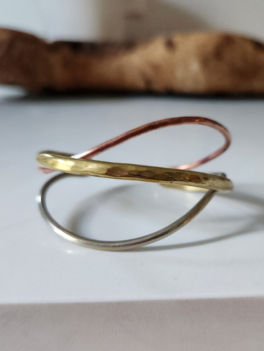 Mixed-Metal Twisted Open Bracelet In Silver, Brass, & Copper